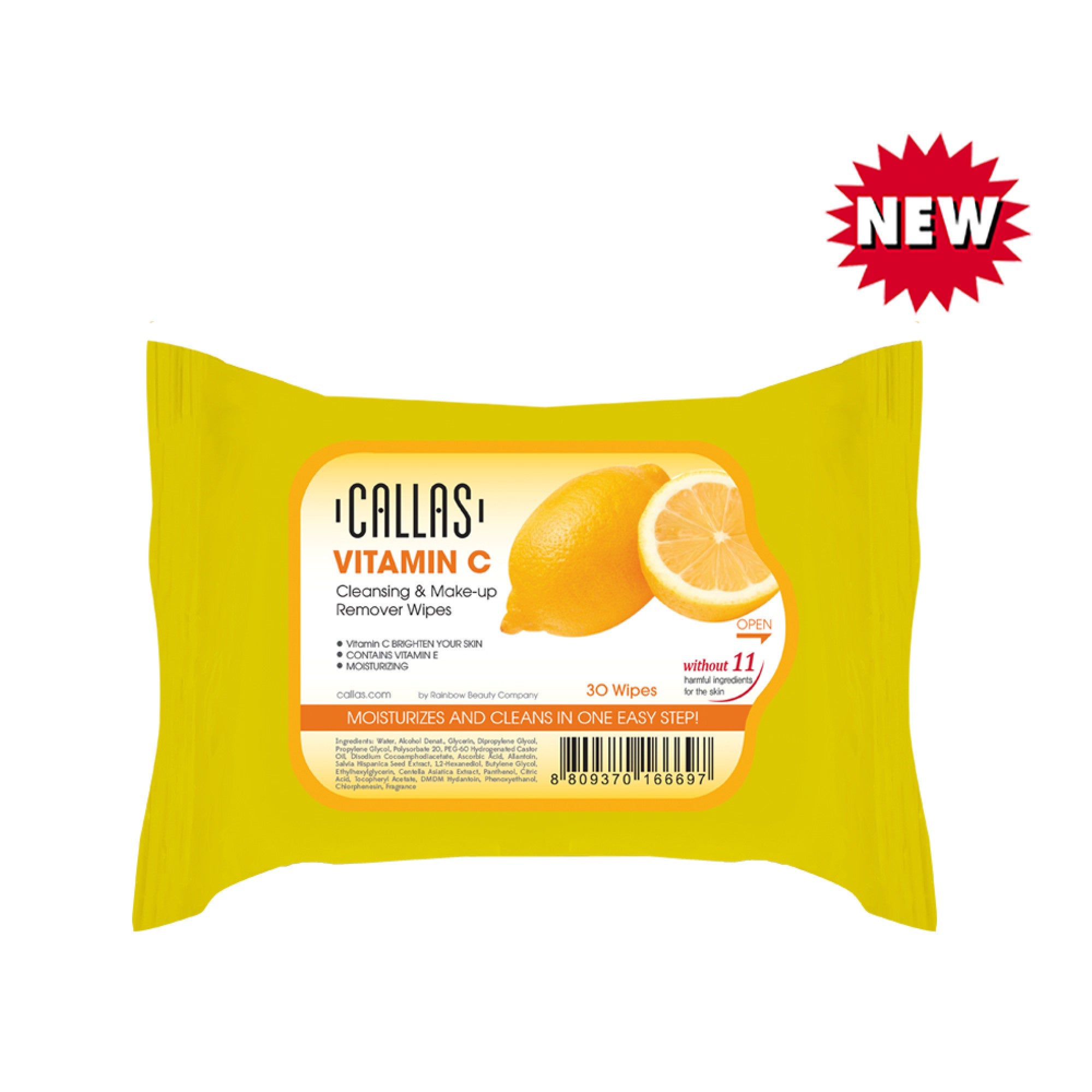 Callas Vitamin C Infused Facial Cleansing and Makeup Remover Wipes - Pack of 30