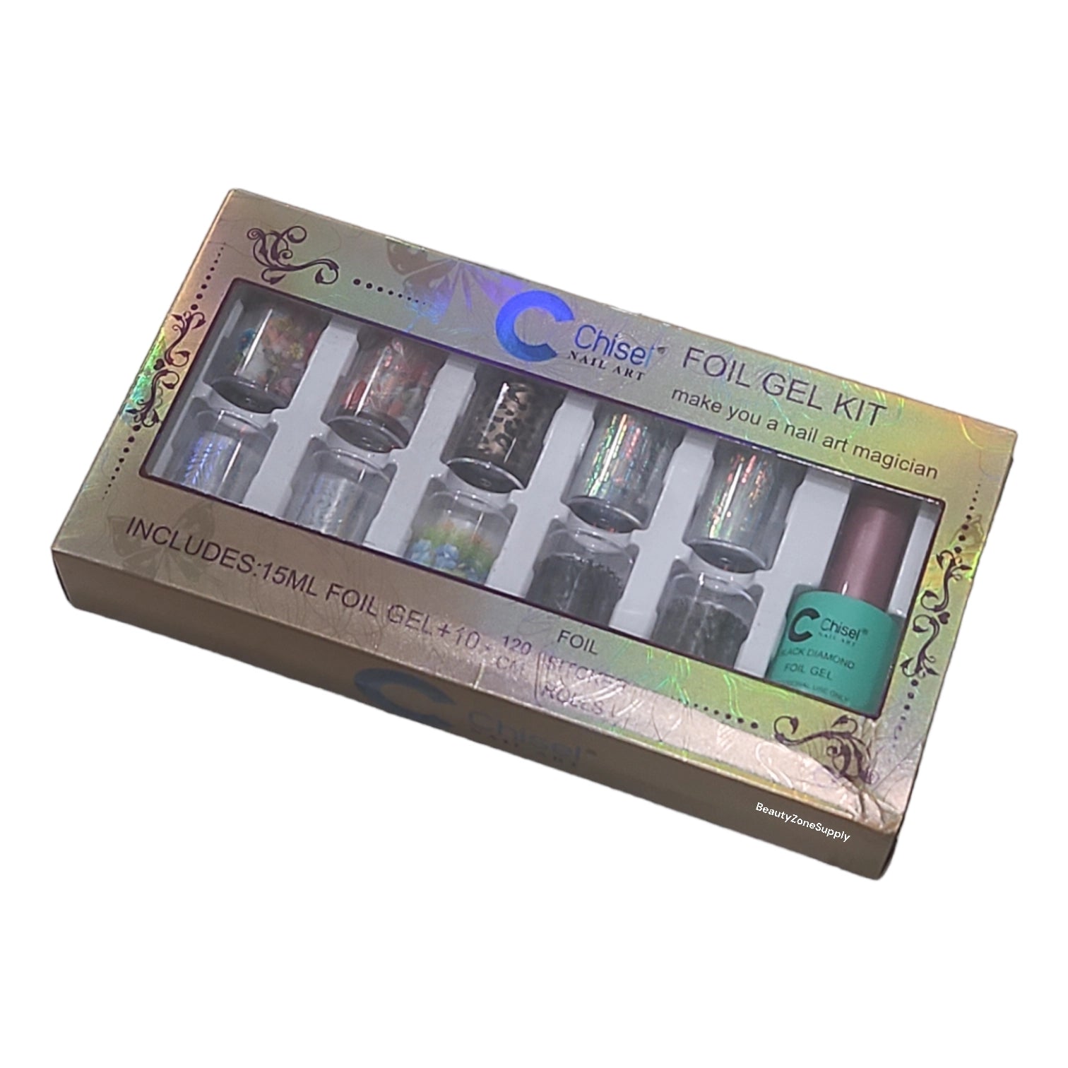 Chisel Professional Nail Art Foil Gel Kit with 10 Different Foils and High - Quality Foil Gel