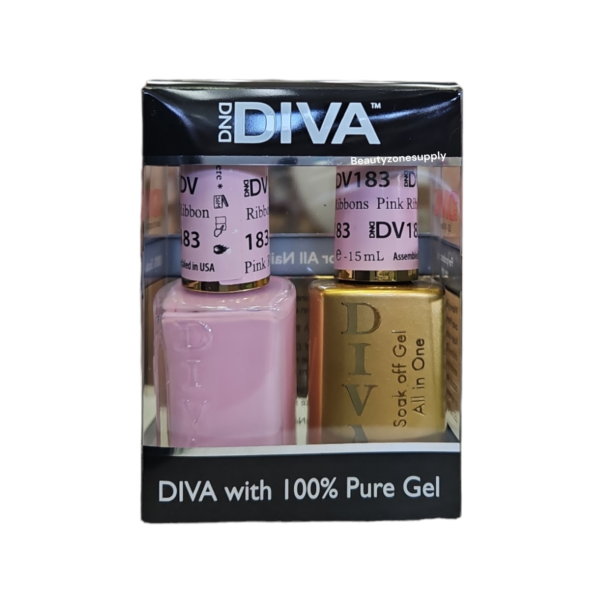DND Diva Brand Duo Set of Gel Polish and Lacquer 183 with Pink Ribbons Design