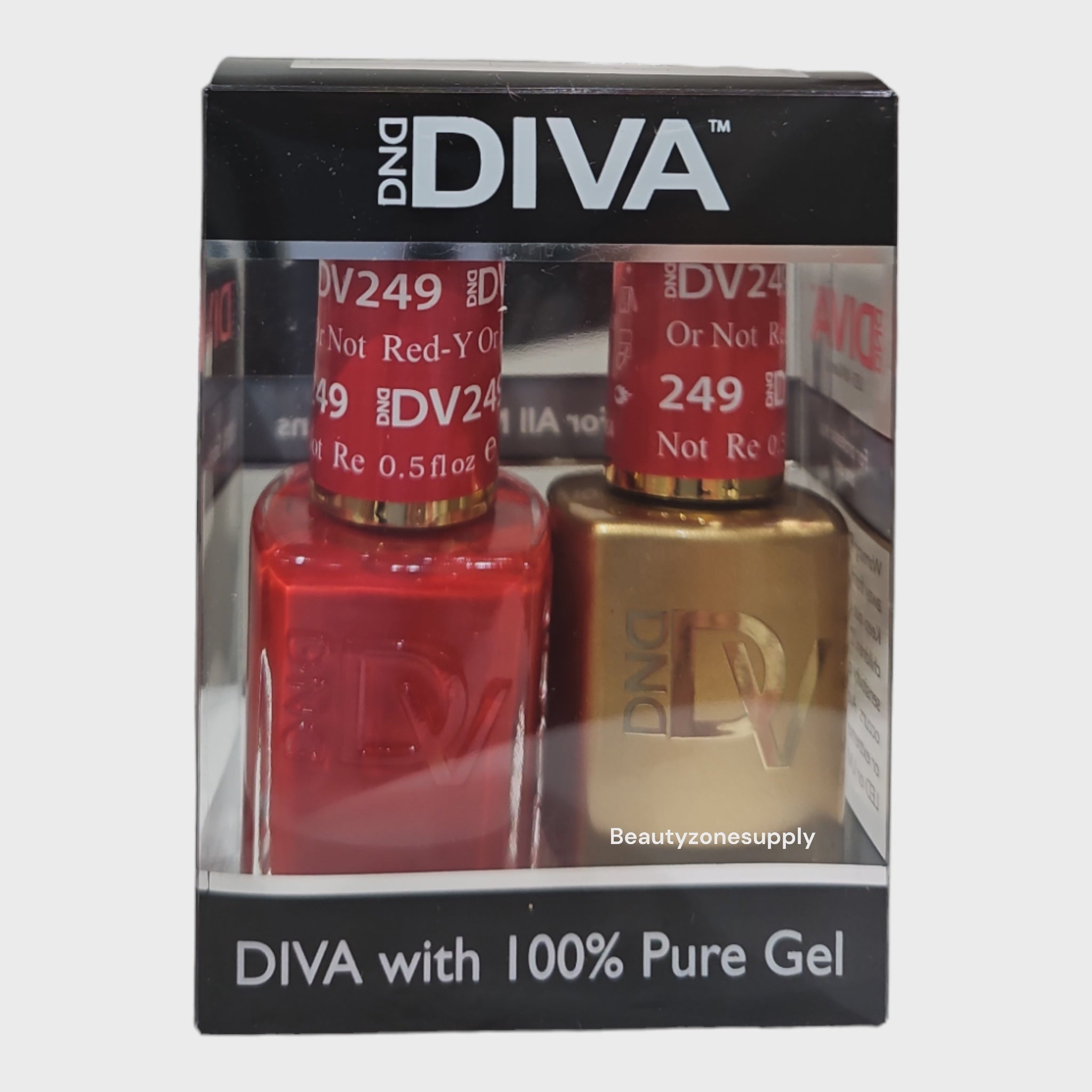 DND Diva Duo Gel Nail Polish and Lacquer Set - Shade 249 Red-y Or Not, from Diva Color Chart #7, Assembled in USA