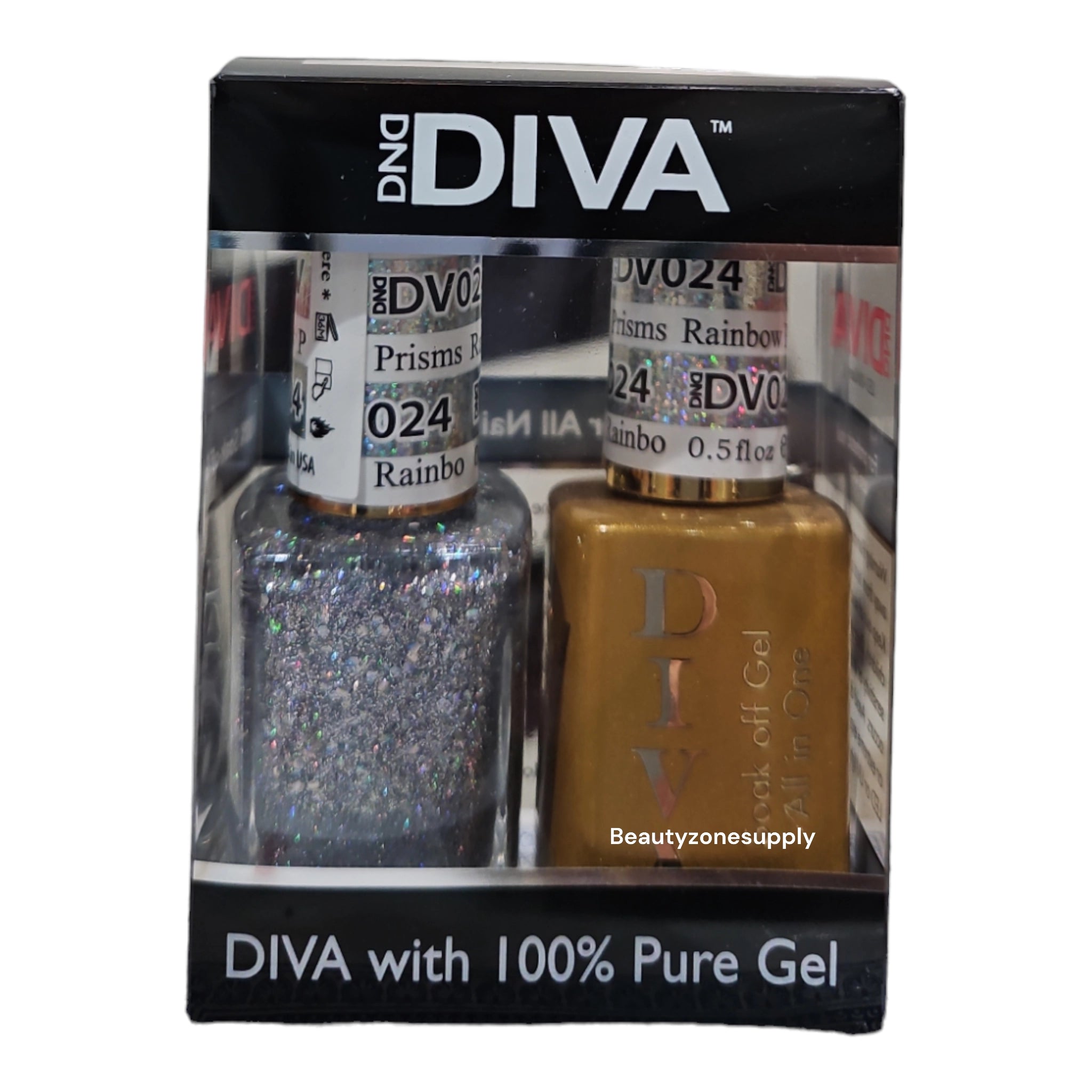 DND Diva Duo Professional Gel Nail Polish and Lacquer Set 024 with Rainbow Prisms Effect