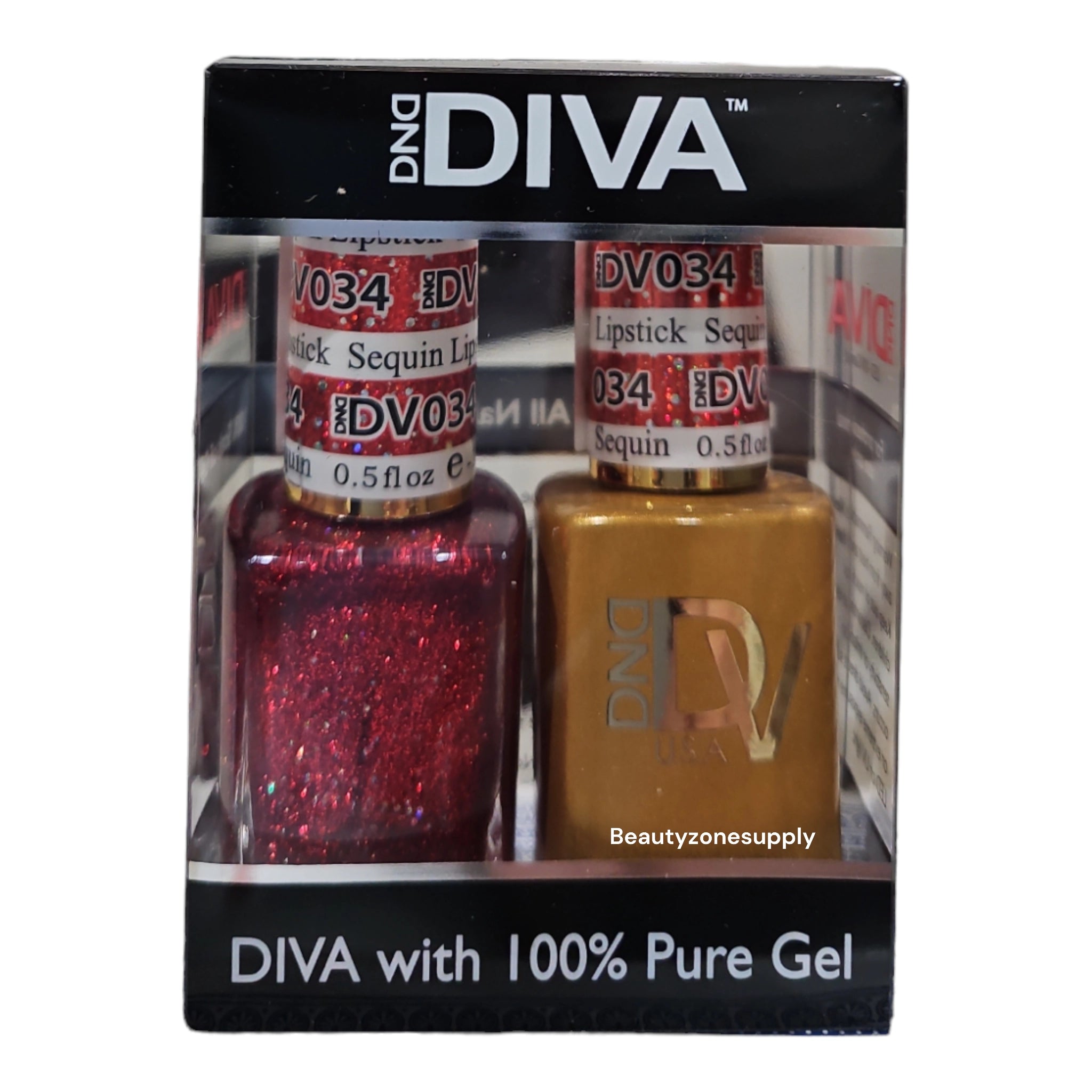 DND Diva Duo Professional Gel Nail Polish and Lacquer Set 034 Sequin Lipstick Style