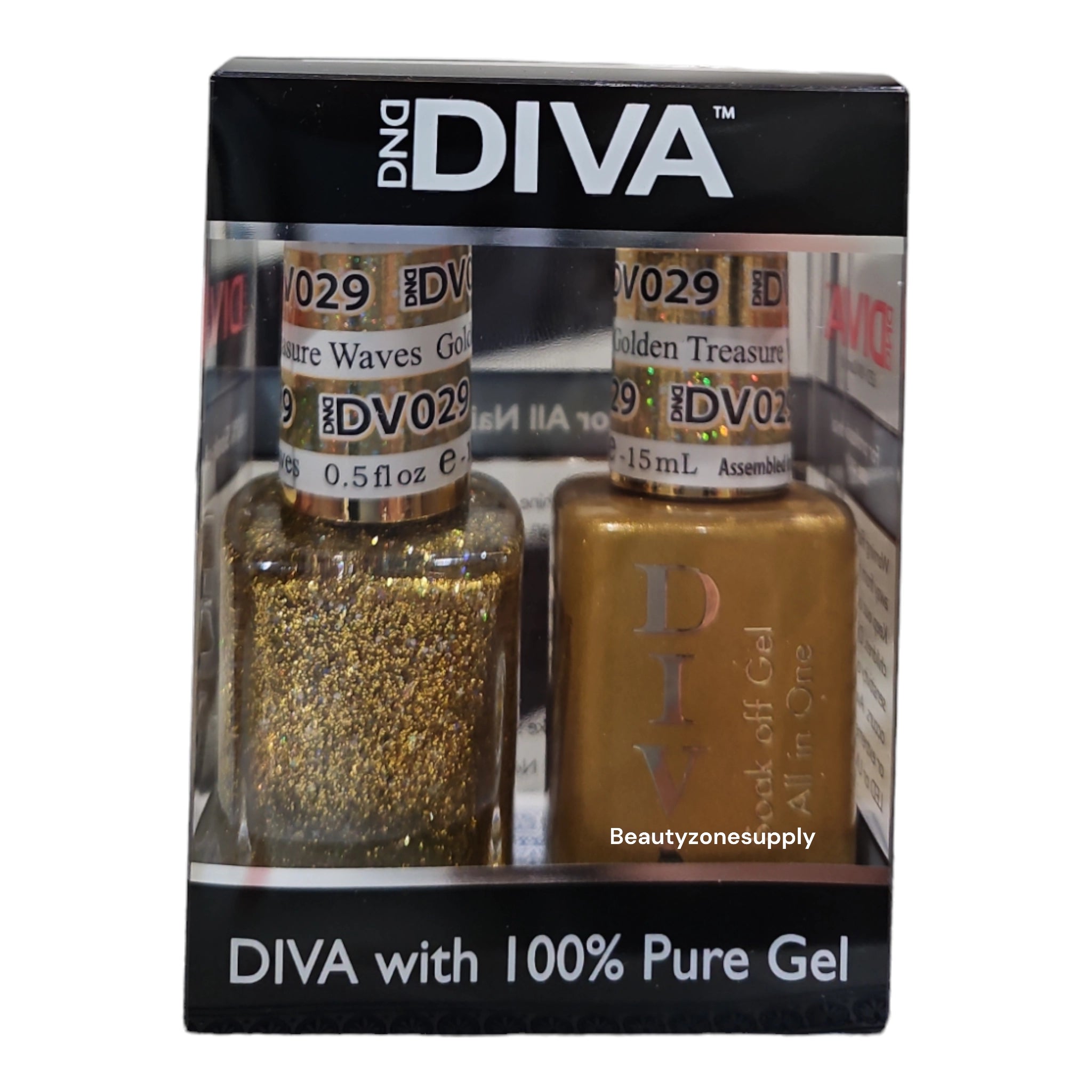 DND Diva Duo Gel Polish and Lacquer Set 029 with Golden Treasure Waves Design